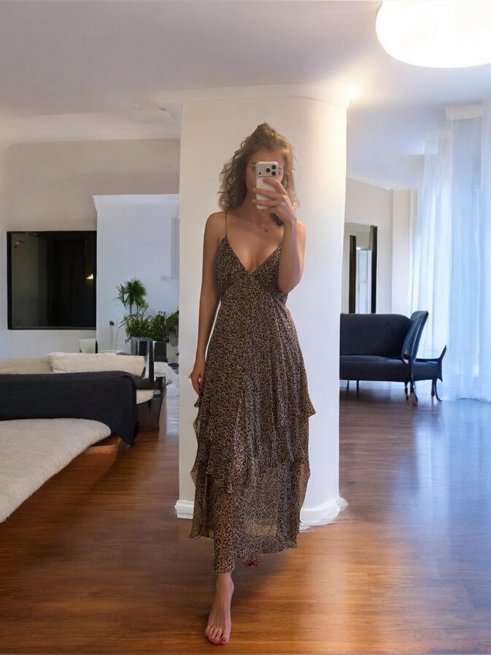 Torn By Ronny Kobo 100% Silk Leopard Print Maxi Dress Handkerchief Hem S